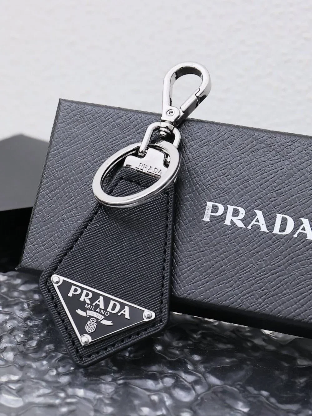 ✨ Prada Black Triangle Logo Leather Keychain